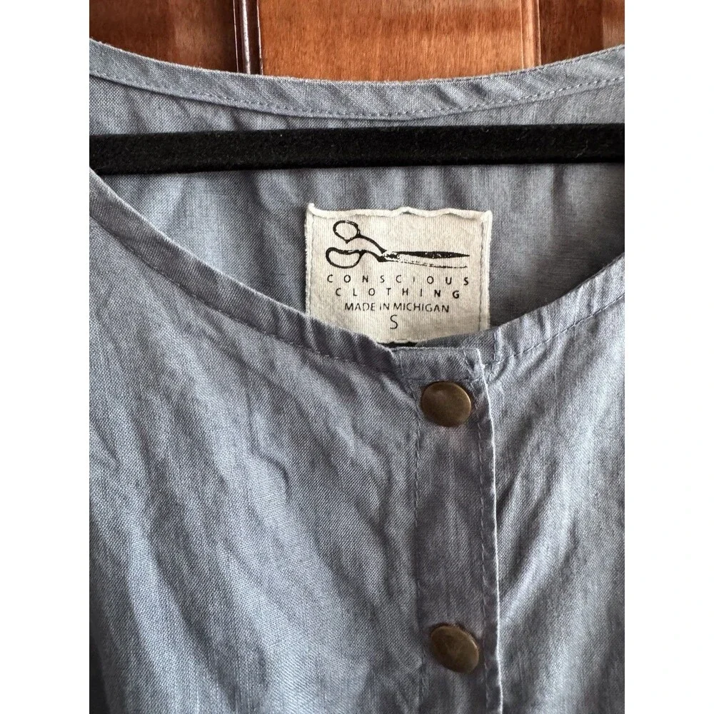 Conscious Clothing Blue Chambray A-Line Button-Front Cap Sleeve Dress S